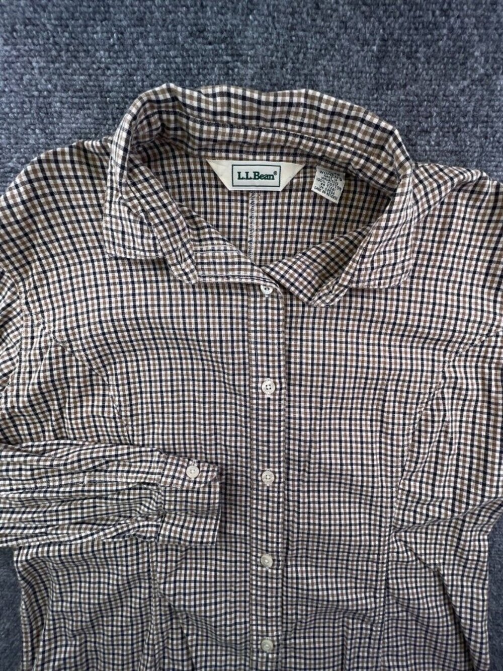 VTG LL Bean Top Women Size 10 Cotton Button Up Shirt Beige Check Item OAF69